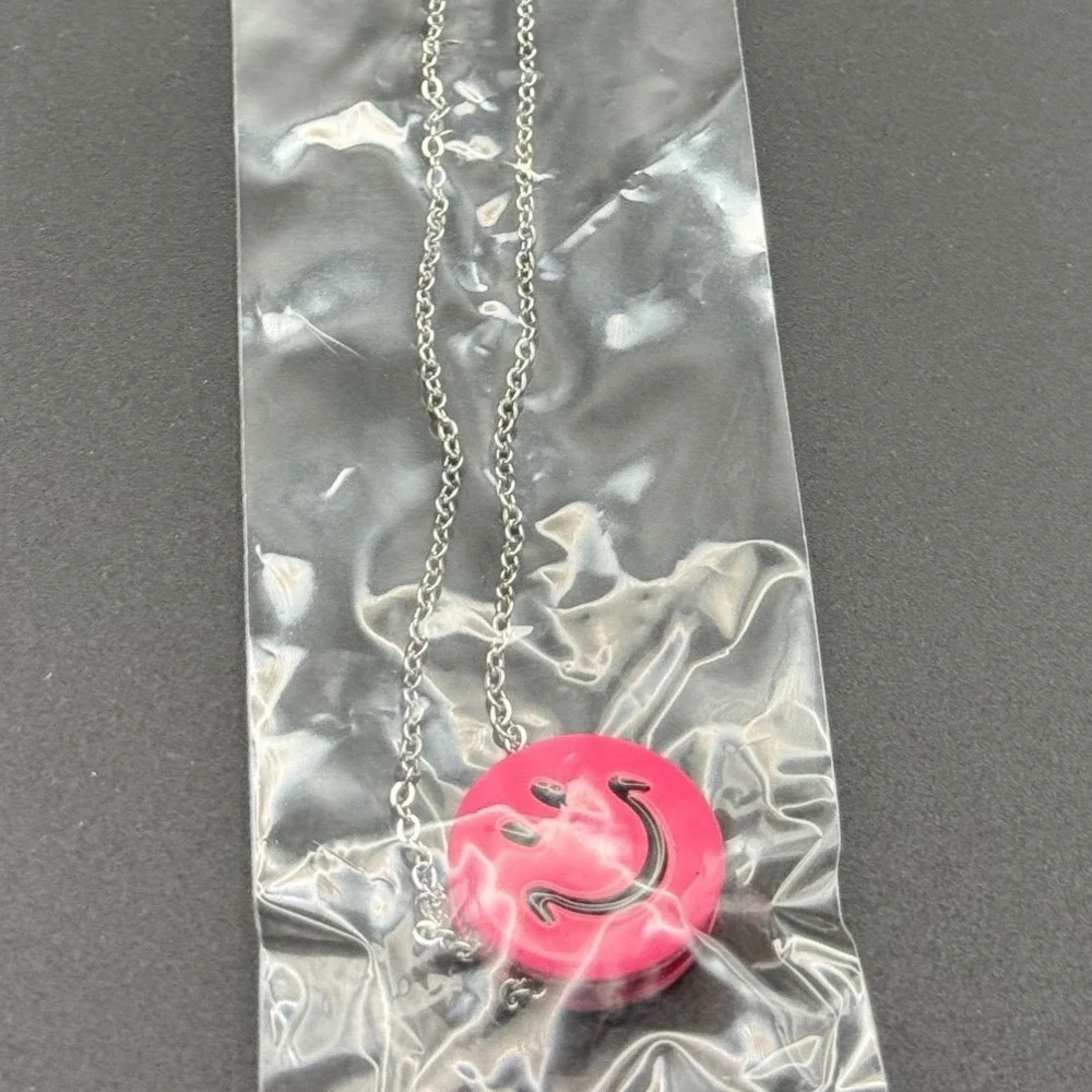 Kids Pink Smiley Face Pendant Necklace Silver Tone Chain Lead Nickel Free